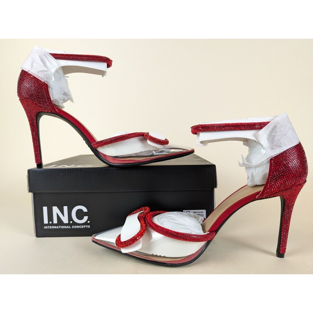 INC Lidani Pointed Toe Heels Pumps Womens 6 Red Bling Ankle Strap Shoes NWB